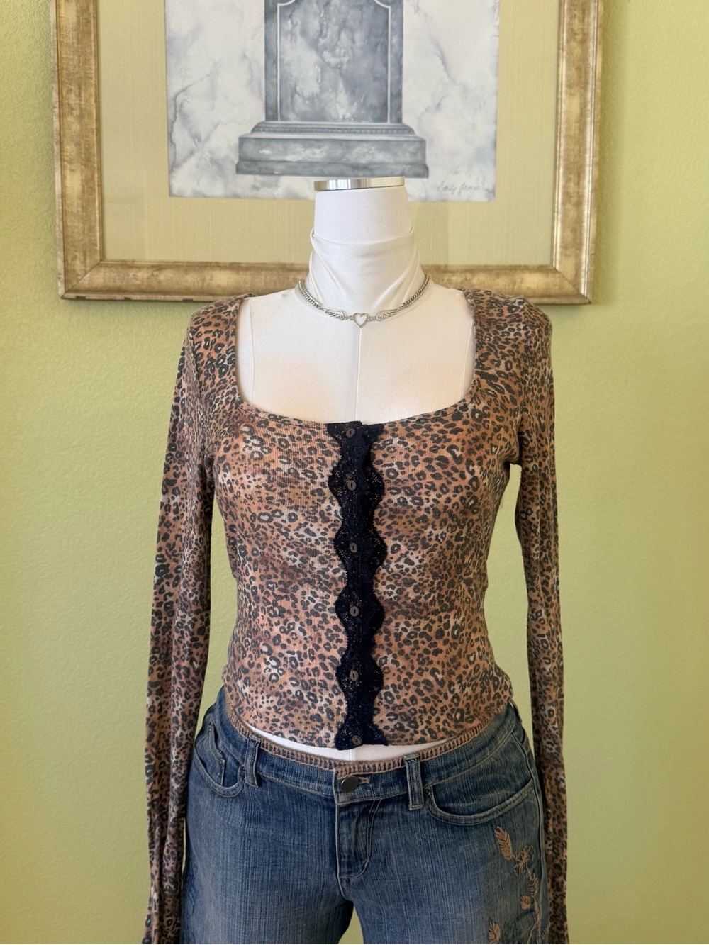 Free People Leopard-Print Long Sleeve Top with Black Lace Center - Picture 2 of 7